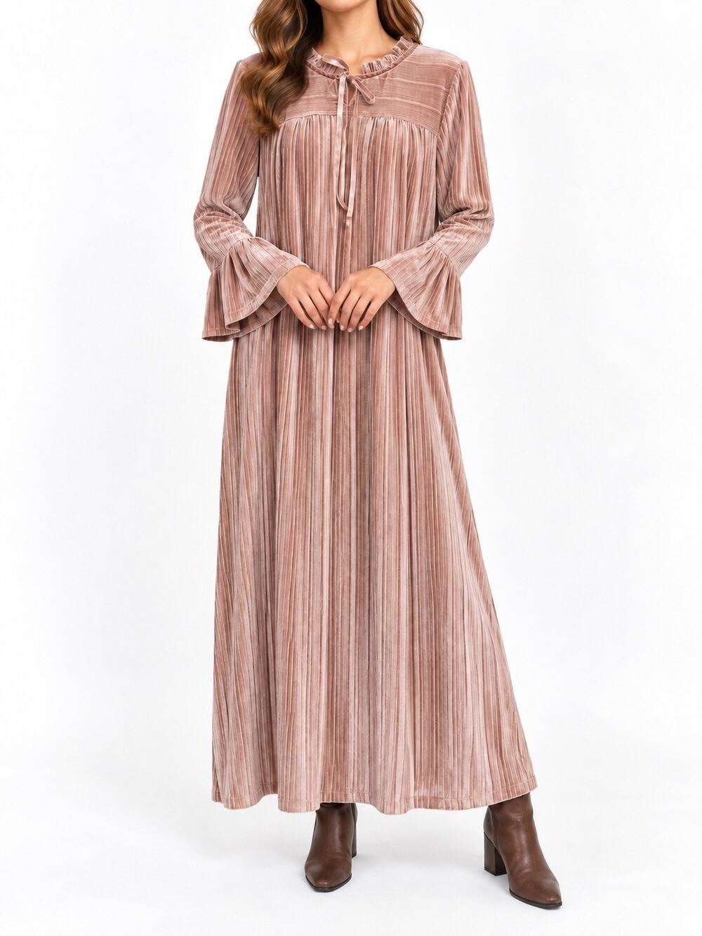 BOB MACKIE Wearable Art Velvet Pleated Maxi Dress Bell Sleeve Cottagecore Medium